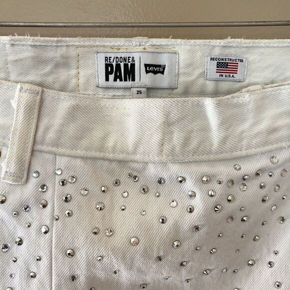 Re/done & PAM Levis White Denim Crystal Denim Wrap Mini Skirt NWT Sz 25 $495 - Picture 8 of 12